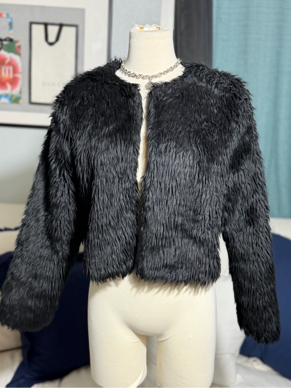 Camellia Women's Black Faux Fur Teddy Jacket - Cozy Open Front Coat